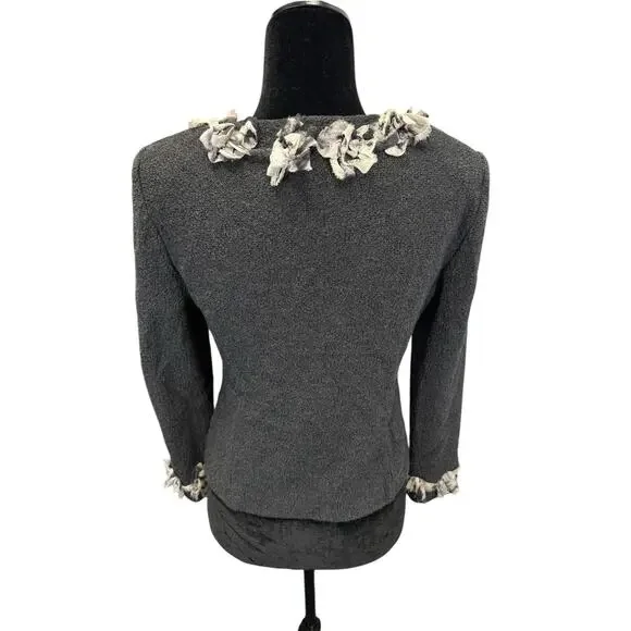 St. John Gray Wool Blend Zip Jacket with Raw Edge Rosette